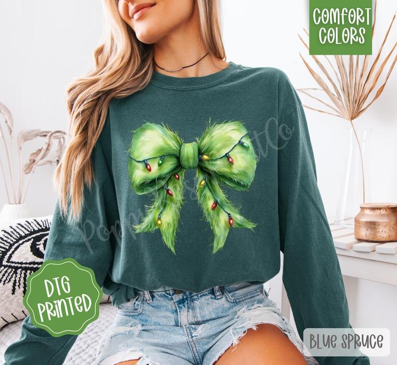 Grinchy Bow Comfort Colors Long Sleeve T-Shirt, Cute Women's Holiday Tee Hoodie, Sweatshirt | PureTeeCo.com