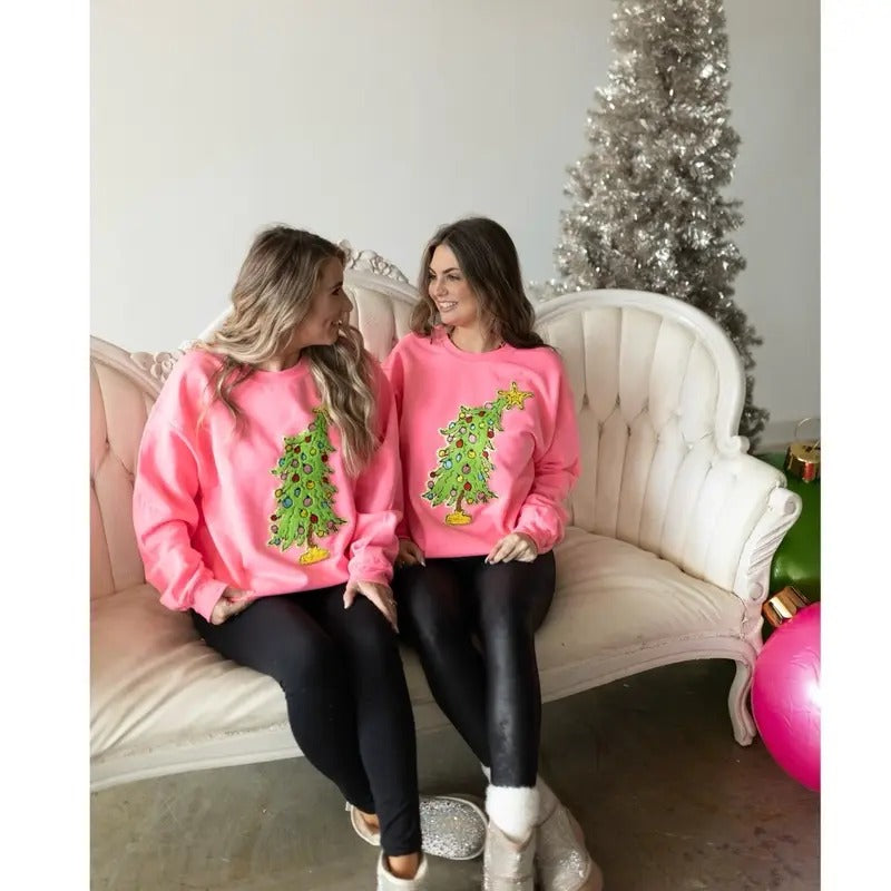 Grinchyyy Tree Chenille Patch Sweatshirt | Holiday Christmas Sweatshirt T-Shirts, Hoodie | PureTeeCo.com