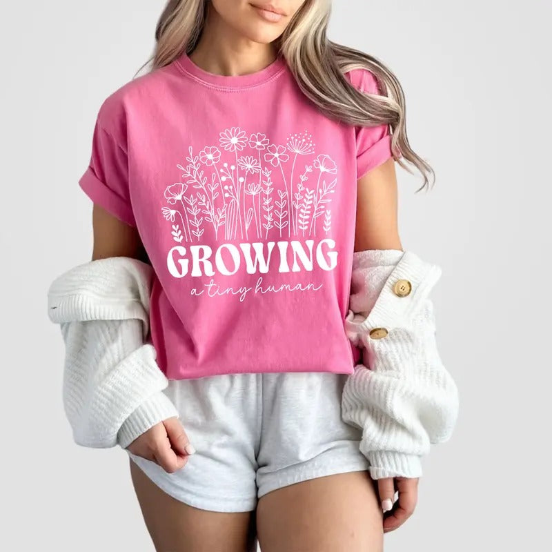 Growing A Tiny Human Shirt, Pregnancy Announcement TShirt, Spring Flower Baby Reveal Maternity Sweatshirt, Baby...