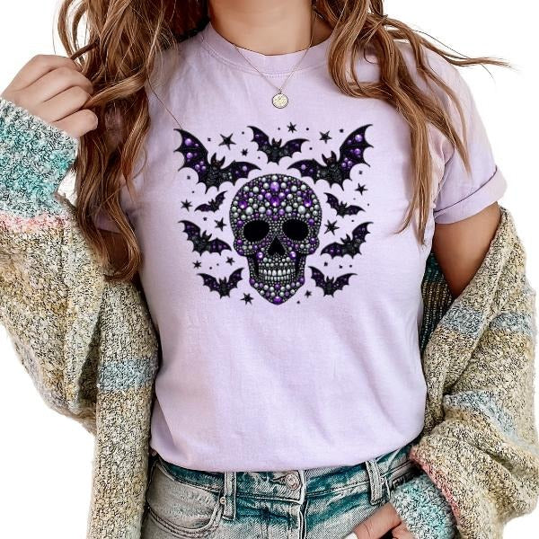 Grunge Alt Aesthetic Faux Rhinestone Skull with Bats Graphic Tee - Halloween Dark Vibes | Purple & Black Sparkle Skull...