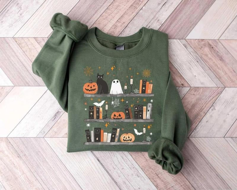 Halloween Book Shelf Sweatshirt, Ghost Reader Reading Tee for Book Lovers, Boo Crew Literature Sweatshirt, Spooky Season...