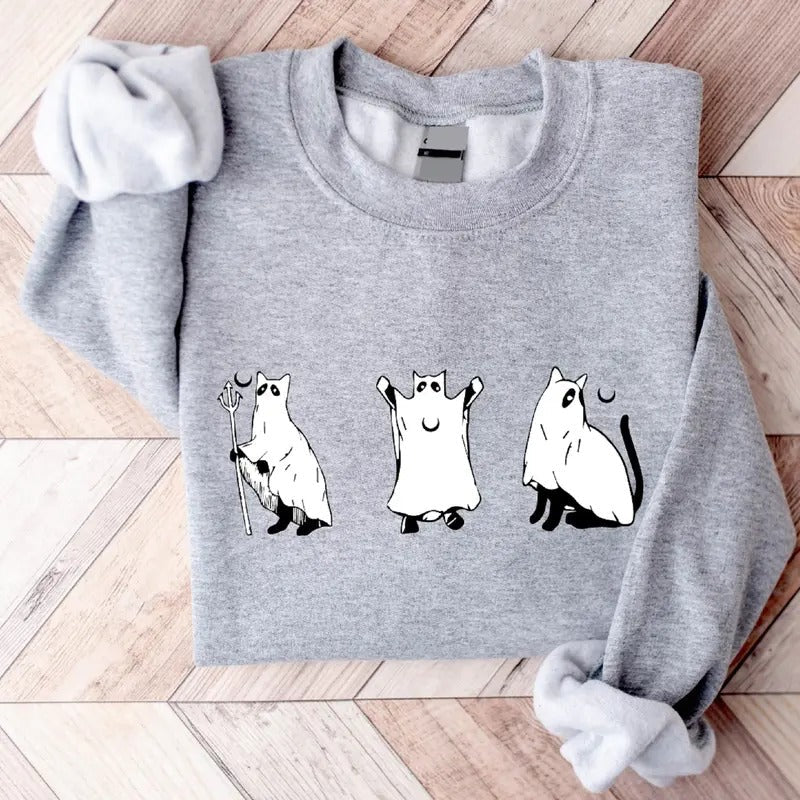 Halloween Cat Sweatshirt, Funny Ghost Halloween Hoodie, Cat Lover Gift Sweater, Spooky Season Long Sleeve. T-Shirts