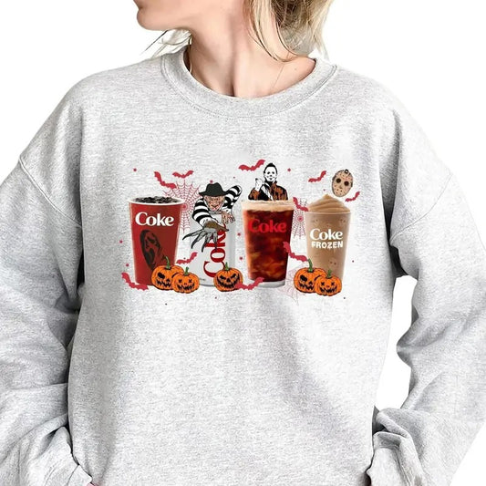 Halloween Coke Crewneck Sweatshirt Hoodie, Funny Coke Horror Characters Halloween Shirt, Retro Halloween T-Shirt, Halloween 2024 Gifts