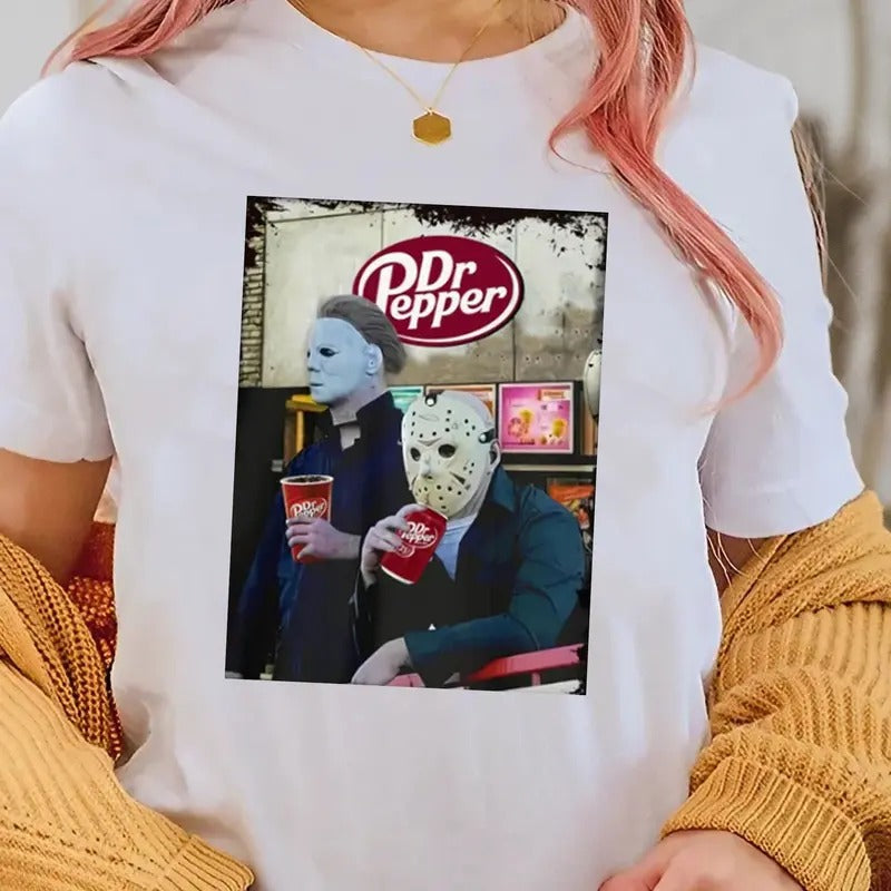 Halloween Dr Pepper Shirt, Michael Myers And Jason Voorhees T-Shirt, Horror Characters Friends Tee, Halloween Shirt Sweatshirt