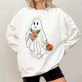 Halloween Ghost Sweatshirt, Floral Ghost Crewneck, Ghost with Flower Bouquet Sweatshirt For Girls, Halloween Ghost...