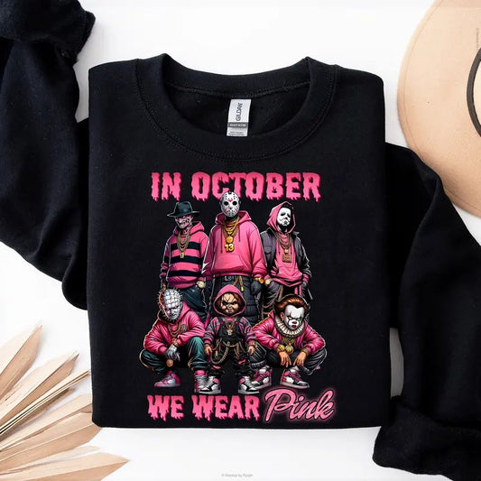 Halloween Horror Characters In October We Wear Pink T-shirt Sweatshirt, Friends Horror Movie Gangster Killers Shirt, Pink Ribbon Breast Cancer Awareness Shirt, Graphic Printed Unisex Classic T-Shirts in All Sizes All Colors for Women for Men