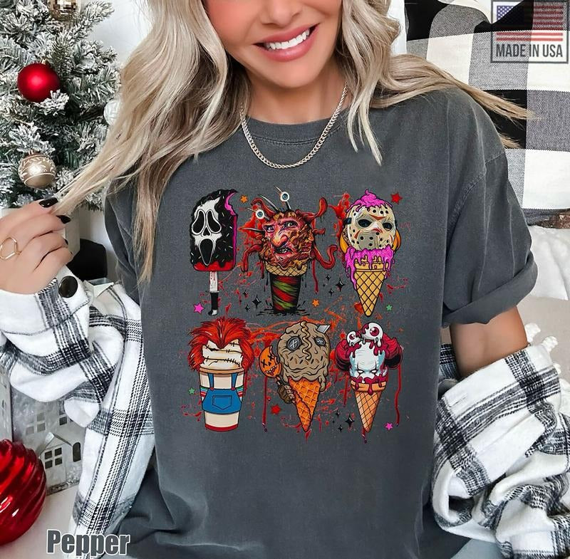 Halloween Horror Ice Cream Shirt, Summerween Shirt, Funny Horror Movie Characters Tshirt, Scary Movie Snacks Sweatshirt,...