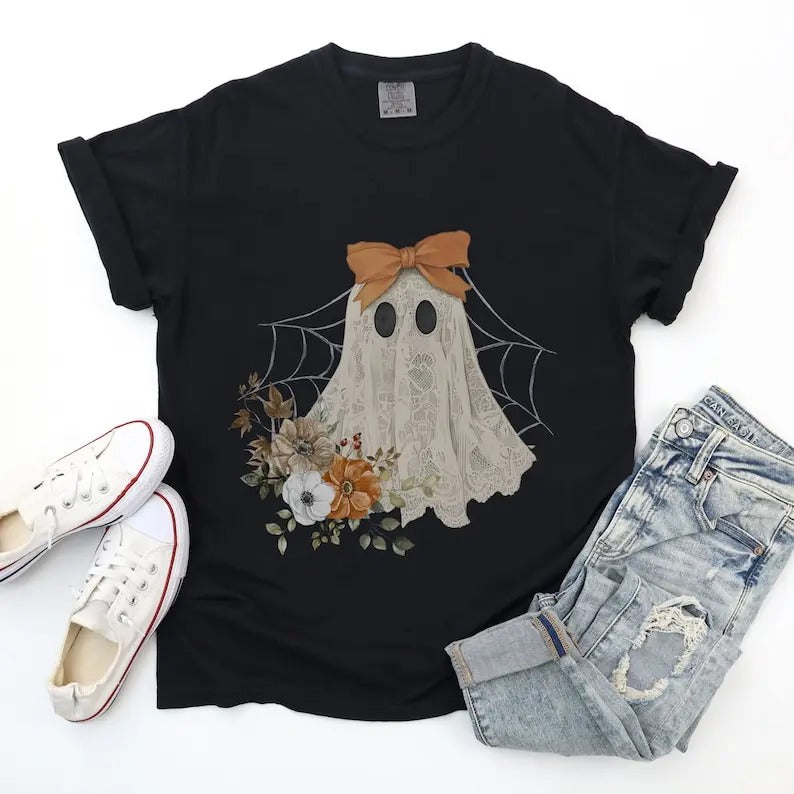 Halloween Lace Ghost T Shirt Spooky Coquette T-Shirt Girly Ghost Orange Bow T Shirt Lacey Ghost Tee Comfort Colors Spooky...
