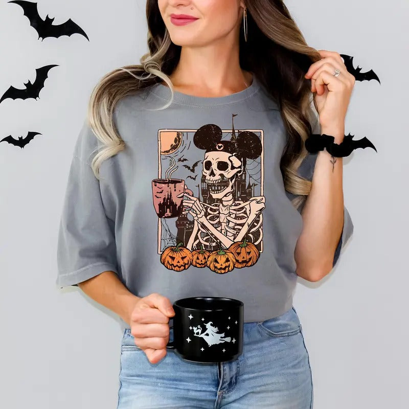 Halloween Skeleton Coffee Shirt, Retro Vintage Halloween Shirt, Halloween Women's Shirt Hoodie, Sweatshirt | PureTeeCo.com