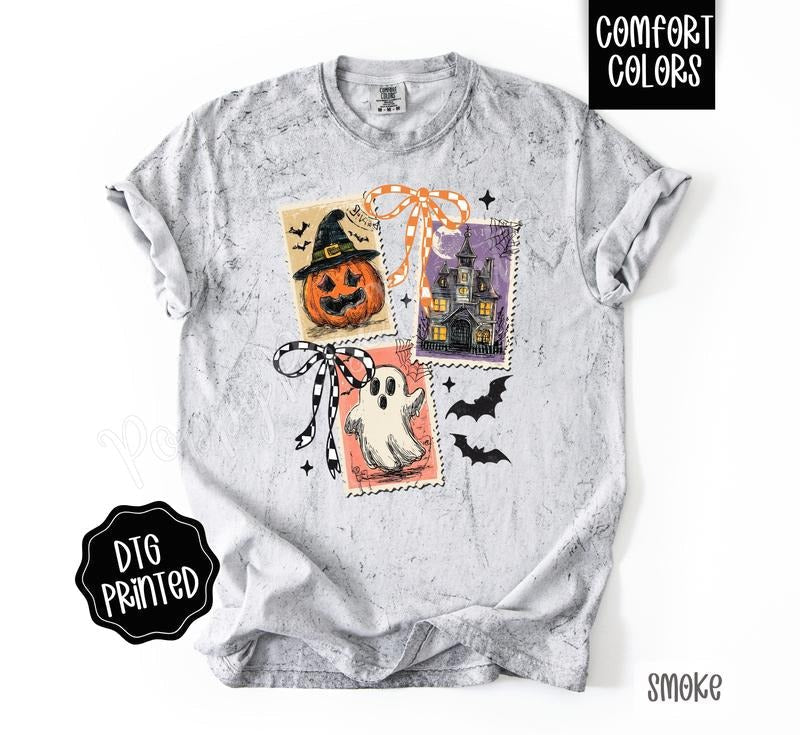 Halloween Stamps Comfort Colors Color Blast T-Shirt, Women's Graphic Tee Spooky Season Shirt Hoodie, Sweatshirt