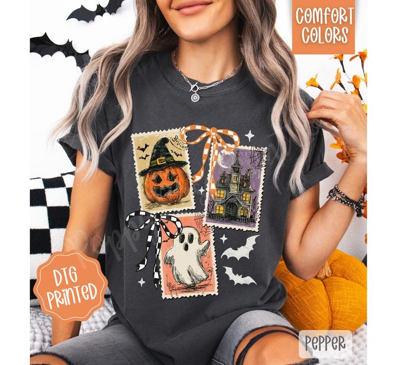 Halloween Stamps Comfort Colors TShirt, Trendy Women's Spooky Tee Hoodie, Sweatshirt | PureTeeCo.com