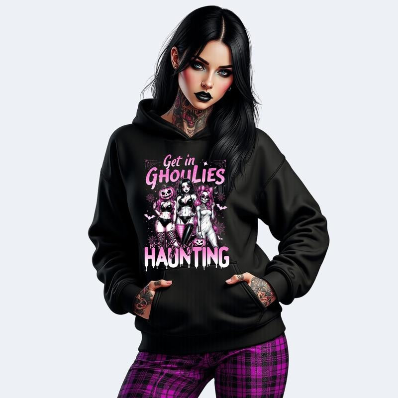Halloween Sweatshirt - Get In Ghoulies We're Going Haunting Black Hoodie with Pink Graphic Design for Women's Casual...