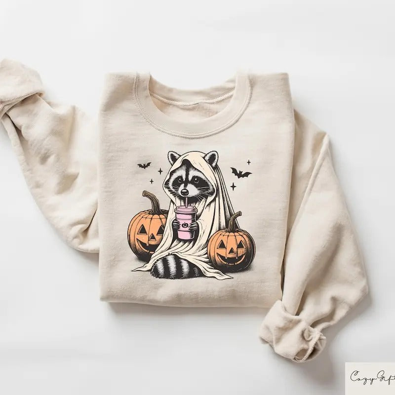 Halloween Sweatshirt, Cute Raccoon Ghost T-Shirt, Spooky Season Gift Cotton Menswear Hoodie | PureTeeCo.com