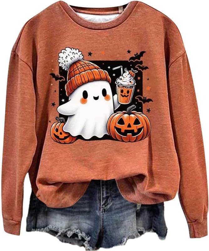 Halloween Sweatshirts for Women Cute Ghost Long Sleeve Shirt Spooky Season Sweatshirts Fall Fashion 2024 Halloween Hoodie
