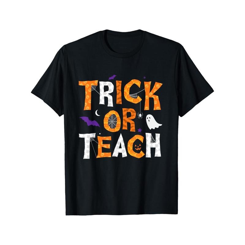 Halloween Teacher T-Shirt, Men'S Cotton Crew Neck, Geometric Pattern, Sports Style, All-Season, Slight Stretch, Knit...