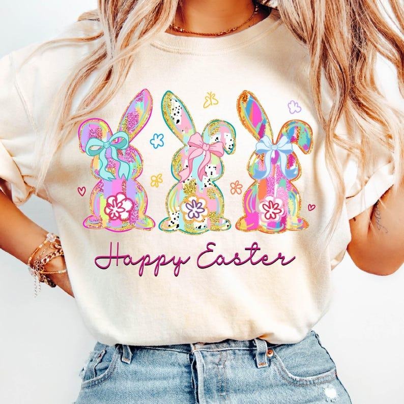 Happy Easter Coquette T-shirt, Retro Bunny, Brushstroke, Easter Girl Hoodie, Sweatshirt | PureTeeCo.com