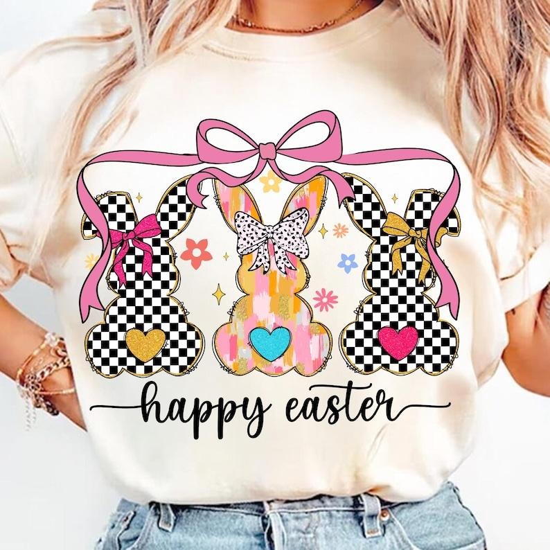 Happy Easter Coquette T-shirt, Retro Bunny, Easter Coquette, Brushstroke Girl Hoodie, Sweatshirt | PureTeeCo.com