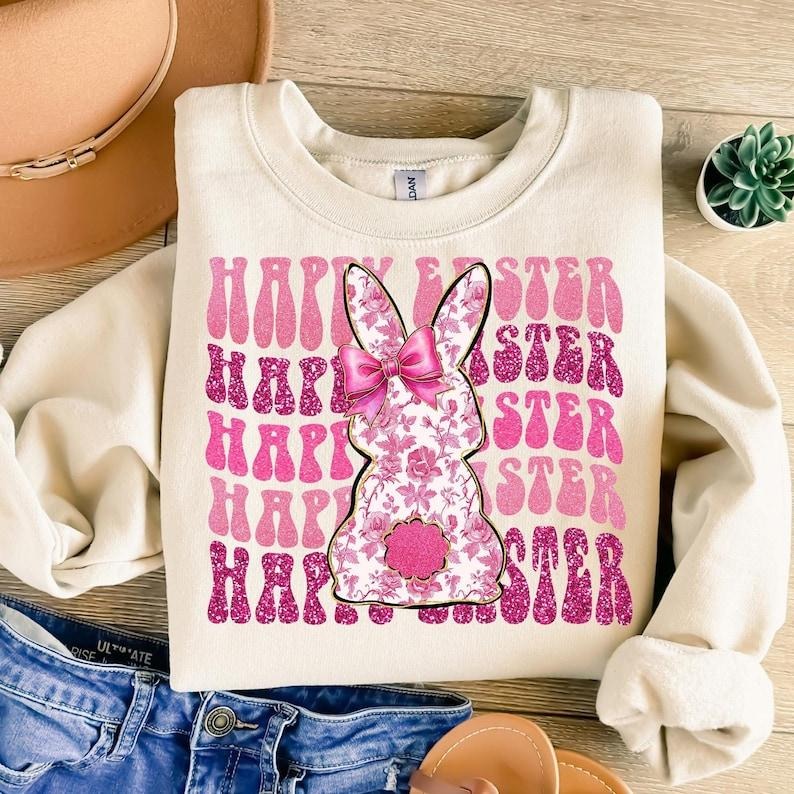 Happy Easter , Pink Floral Chinoiserie Easter Coquette , Grand Millennial Easter , Pink Toile Easter Bunny Bow, Easter...