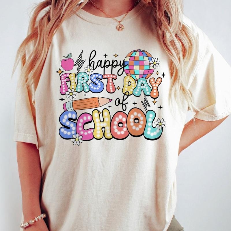 Happy First Day Of School Shirt, Teacher Women Top, Retro Teacher Back To School Tee, Funny First Day Of School Shirt,...