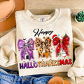 Happy Hallothanksmas Coquette Bow Sweatshirt, Halloween Thanksgiving, Christmas Pumpkin Spice, Snowmen Pie Hallothanksmas...