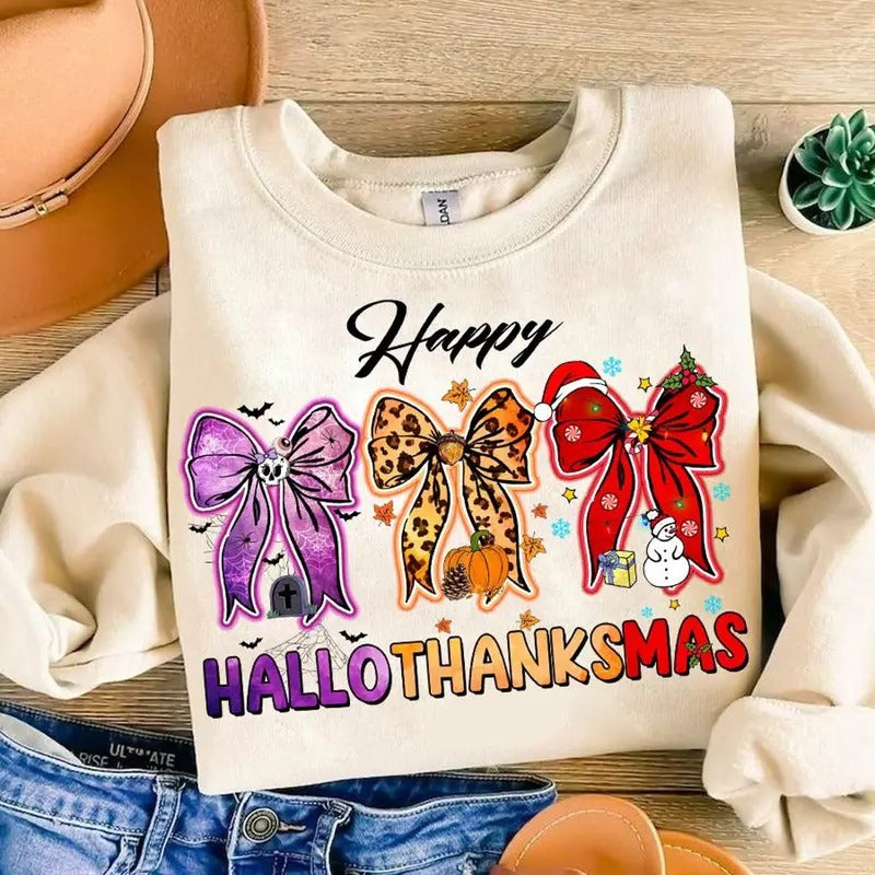 Happy Hallothanksmas Coquette Bow Sweatshirt, Halloween Thanksgiving, Christmas Pumpkin Spice, Snowmen Pie Hallothanksmas...