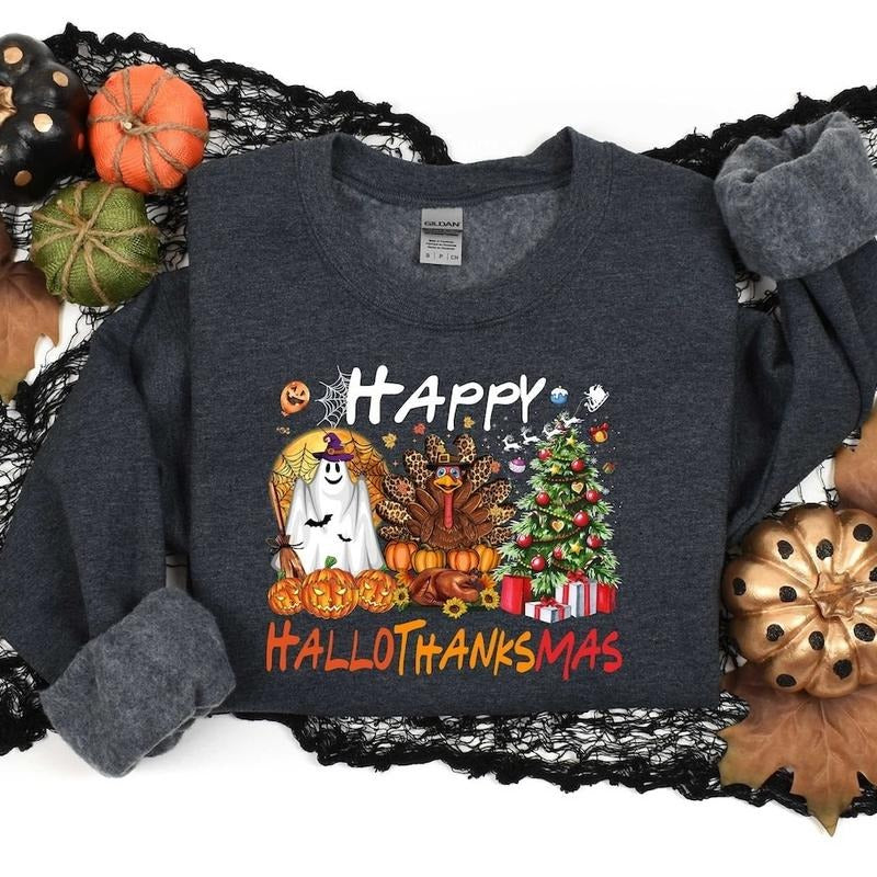Happy Hallothanksmas, Halloween Sweatshirt, Christmas Sweater, Thanksgiving Shirt, Women Sweater, Women Gift, Gift For...
