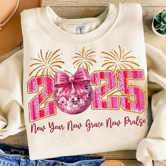 Happy New Year 2025 Sweatshirt Pink Coquette Bow , Retro New Years ,  Disco Ball , New Year New Me , Varsity , Brushstroke