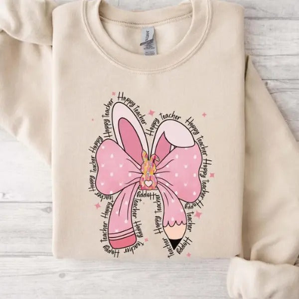 Happy Teacher Cute Coquette Bow Easter Bunny Sweatshirt, Teacher Easter Sweater, Teacher Appreciation Gift, Spring School...