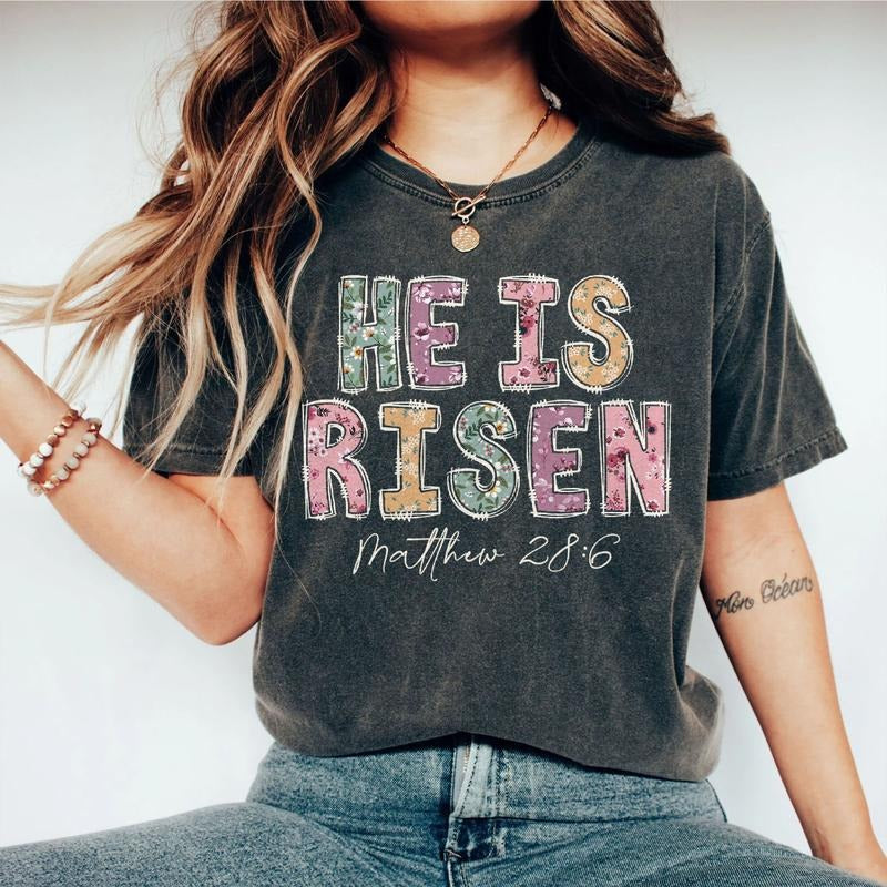 He Is Risen Easter Shirt, Matthew 28:6 Christian Tee, Floral Patchwork Faith Sweatshirt for Women, Religious Spring...
