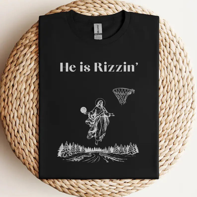 He Is Rizzin' Easter Basketball Tee, Funny Jesus Hoops Shirt, Hilarious Holiday Apparel Hoodie, Sweatshirt | PureTeeCo.com
