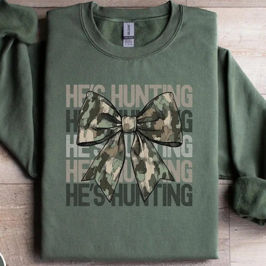 He's Hunting Coquette Bow Sweatshirt, Hunting Season Widow, Deer Hunter Gift, Hunter Sweater, Hunters Wife Shirt, Gift for Fiancee, Camo Bow