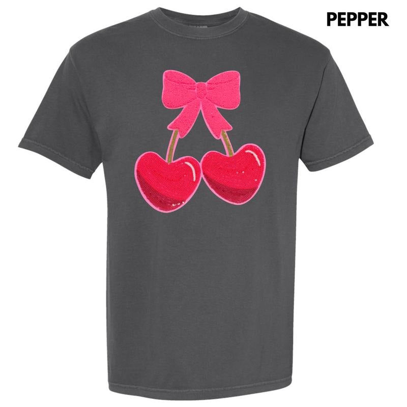 Heart Cherries Sequin Patch Comfort Colors T-Shirt Hoodie, Sweatshirt | PureTeeCo.com