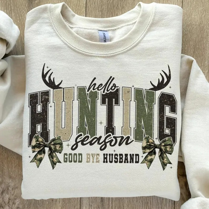 Hello Hunting Season Goodbye Husband Tshirt Sweatshirt Hoodie, Camo Coquette Bow Sweatshirt, Hunting Sublimation, Camo...