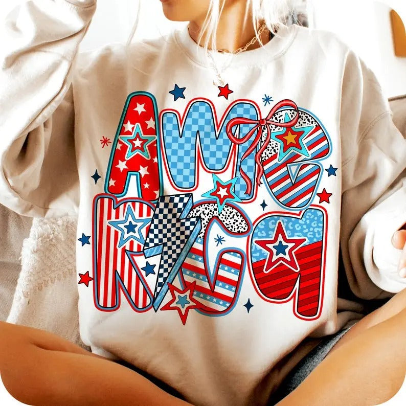 Retro America Coquette Unisex Crewneck Sweatshirt/T-Shirt, 4th Of July, For Him/Her, Unisex Style, 100% Cotton, Pullover...