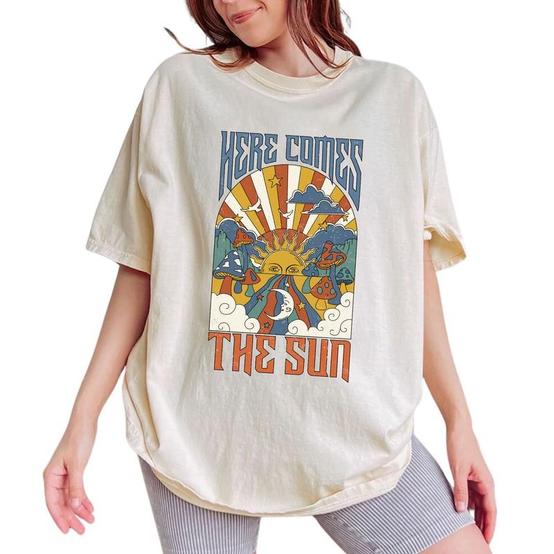 Here Comes The Sun Shirt, Retro Hippie Boho Graphic Tee Women, Sunshine Shirt, Summer Day T-shirt, Motivational Comfy...