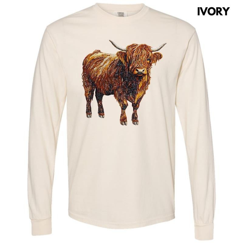 Highland Cow Faux Rhinestone Long Sleeve Comfort Colors T-Shirt Hoodie, Sweatshirt | PureTeeCo.com