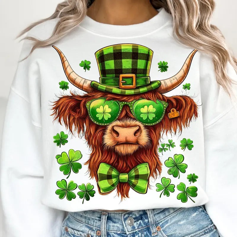 Highland Cow St Patricks Sweatshirt, Retro St Patricks Shirt, Shamrock Shirt, Lucky Sweatshirt Hoodie | PureTeeCo.com