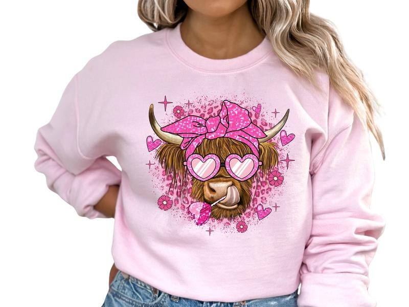 Highland Cow Valentine's Day Women's Top & Sweatshirt T-Shirts, Hoodie | PureTeeCo.com