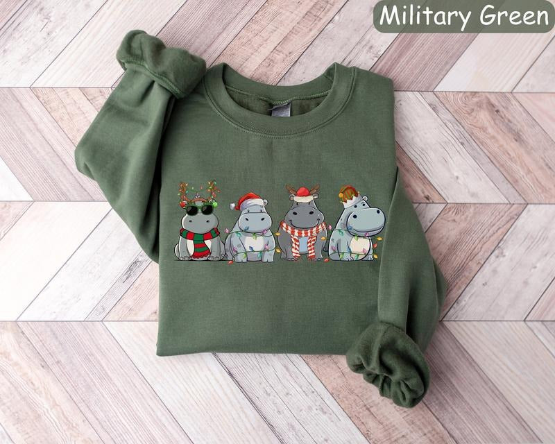 Hippopotamus Christmas Sweatshirt, Retro Hippo Christmas Shirt, Holiday Sweaters, Christmas Gift, Christmas Crewneck,...