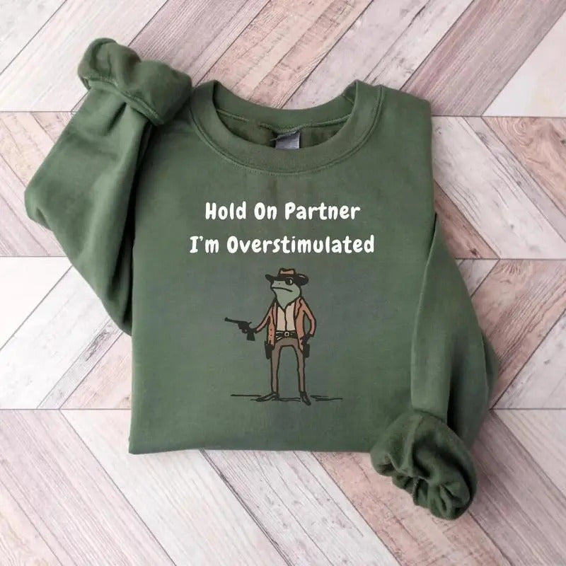 Hold On Partner Im Overstimulated Sweatshirt, Cowboy Frog Shirt, Gen Z Shirt Funny Meme Shirt Unisex, Gift for Men and...