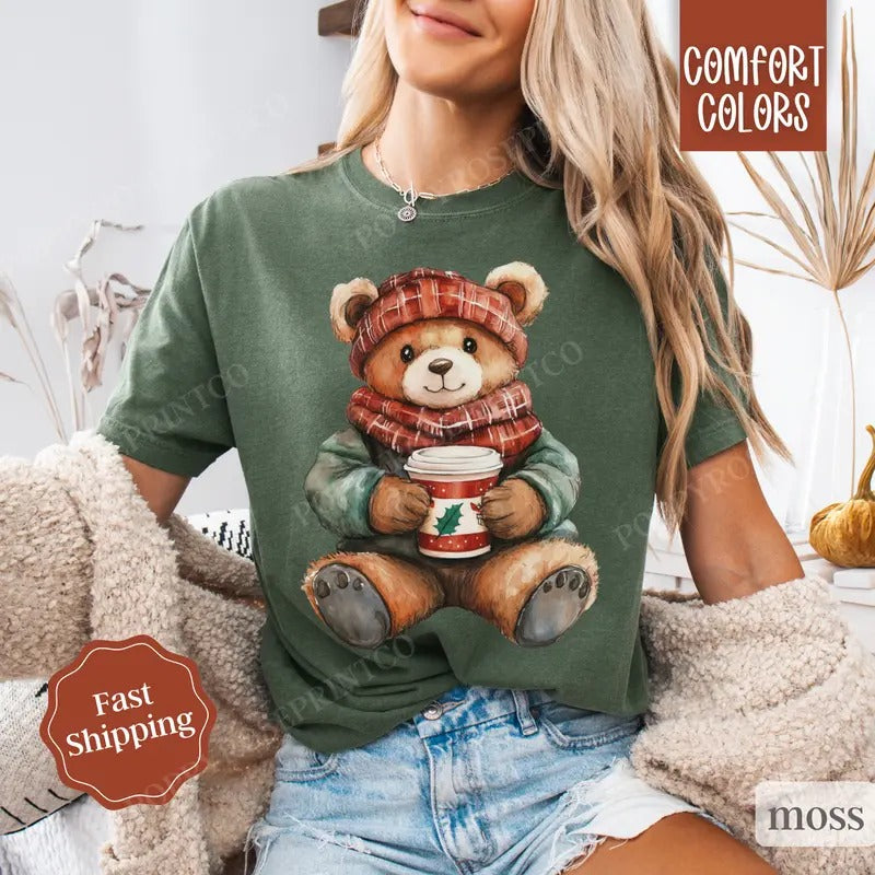 Holiday Bear Shirt Comfort Colors, Cute Christmas Tee, Women's Holiday Tshirt Hoodie, Sweatshirt | PureTeeCo.com
