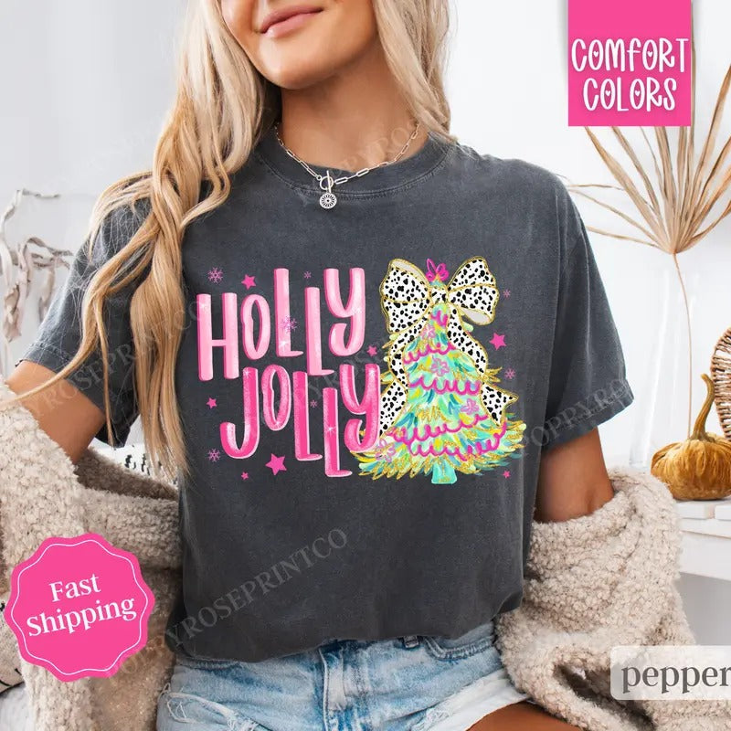 Holly Jolly Shirt Comfort Colors Christmas Tee, Women's Holiday Tshirt Hoodie, Sweatshirt | PureTeeCo.com