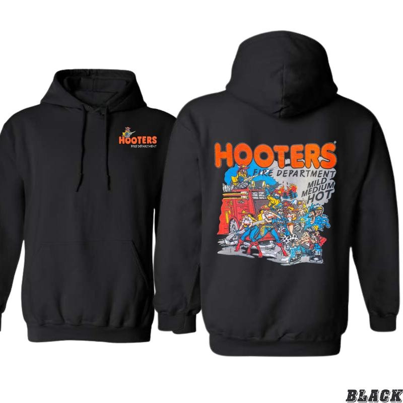 Hooters Fire Department "Mild, Medium, Hot" Black Unisex Hoodie - Ideal for Fans of Fun and Casual Wear Menswear Sweaters...