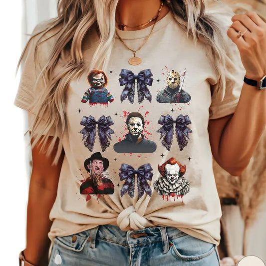 Horror Character Coquette Bow Halloween Shirt: A Chic Retro Look for Spooky Celebrations