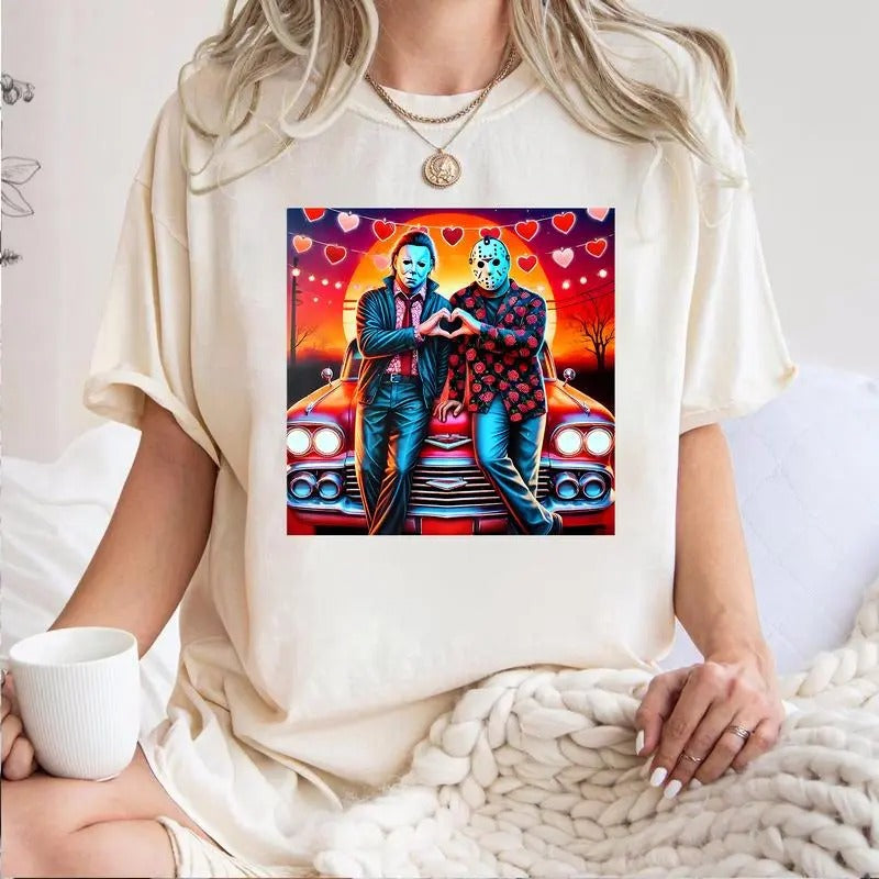 Horror Characters Valentine Shirt, Pink Heart Valentine Horror Sweatshirt, Scary Movie Valentine Shirt,  Love XOXO Heart...