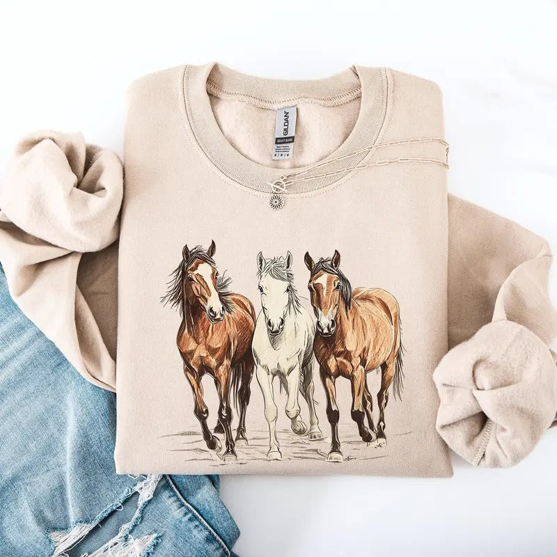 Horses, Western, Classic, Country, Cowboy, Cowgirl, Rodeo Sweatshirt, Crew Neck, Women's, Crewneck T-Shirts, Hoodie