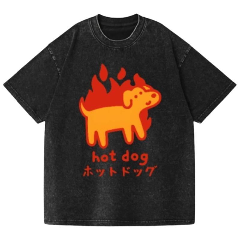 Hot Dog Vintage Wash Japanese Design T-Shirt, Funny Anime Graphic Tee Shortsleeve Comfort Top Summer Womenswear Hoodie,...