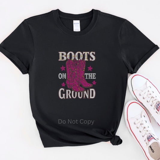 Boots On The Ground Silver/Hot Pink Rhinestone Transfer