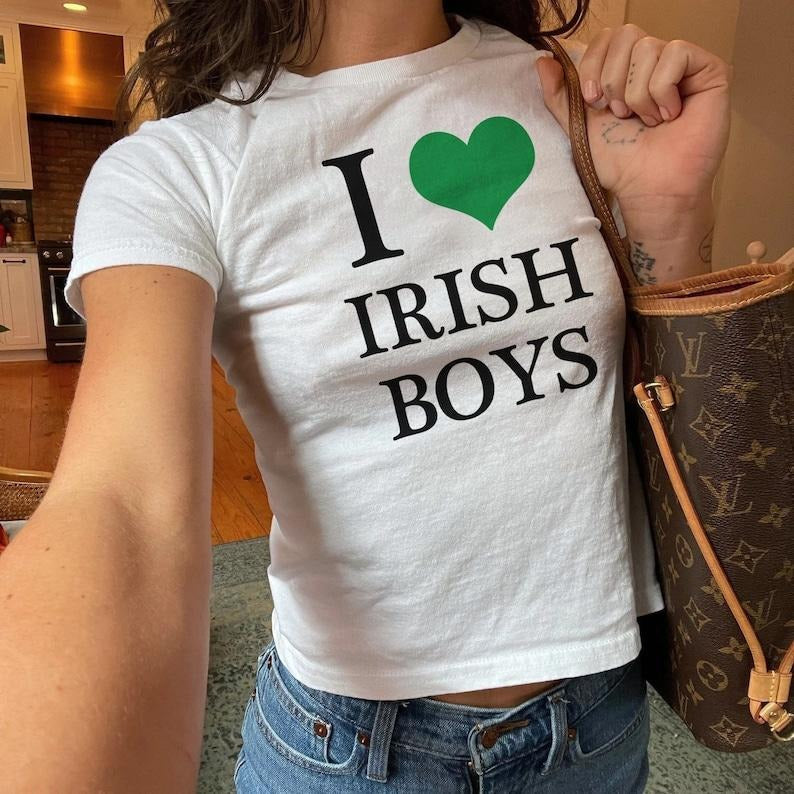I Love Irish Boys Baby Tee  Y2K St Paddy Baby Tee, St Patricks Day Women's Fitted Tee, Y2K Clothing, Trendy Top, 90s...