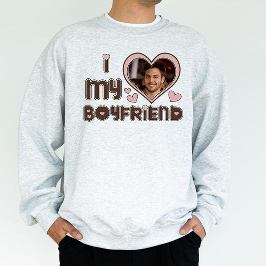 I Love My Girlfriend Custom Photo Sweatshirt, I Heart My Girlfriend Crewneck, I Love My Wife Top, Valentine's Day Gifts for Him, Soft Classic Menswear